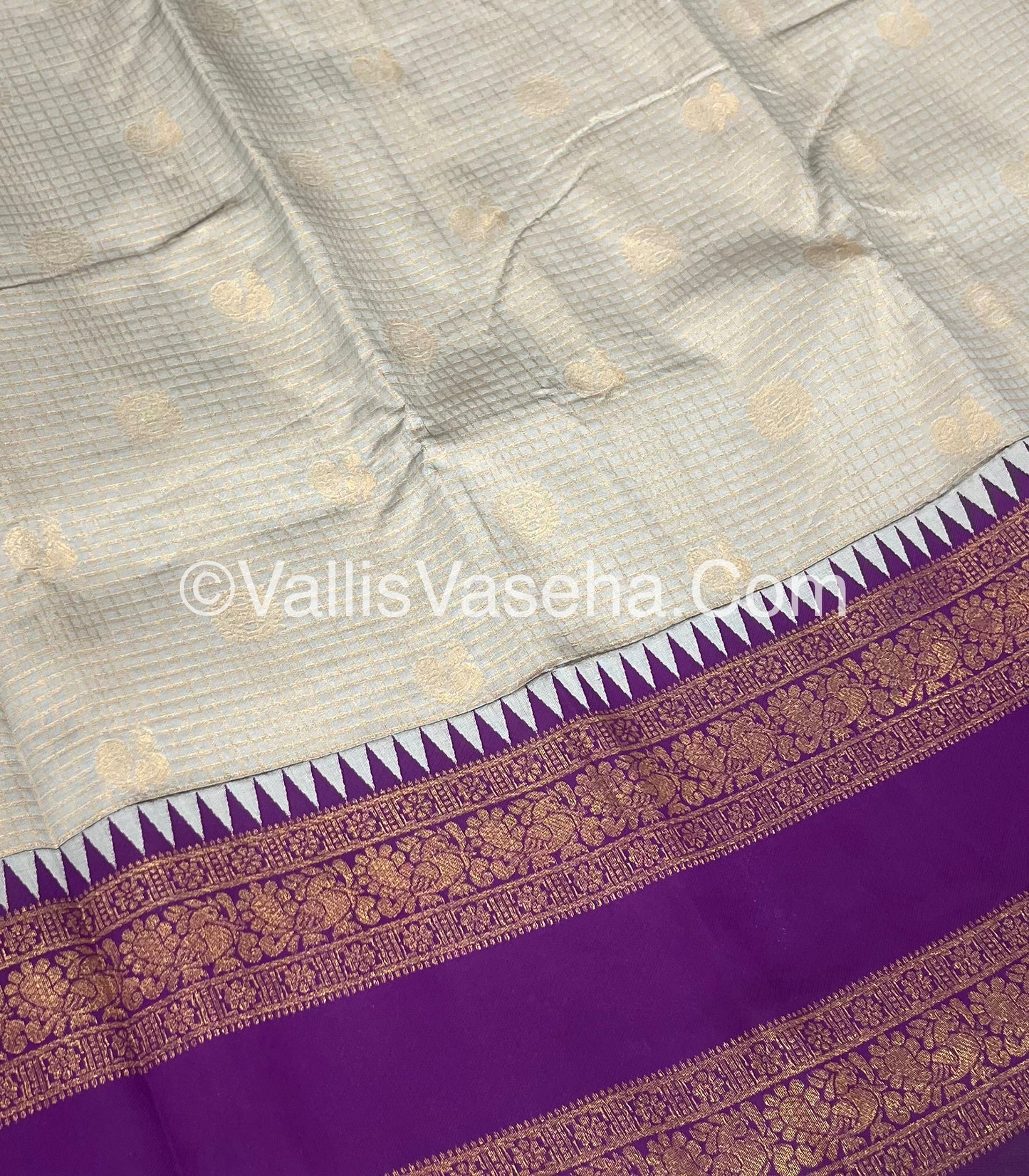 Kanchi Semi Silk With Tassels - Mayil & Chakkaram Design - Creamish Grey with Purple - VVKSS004