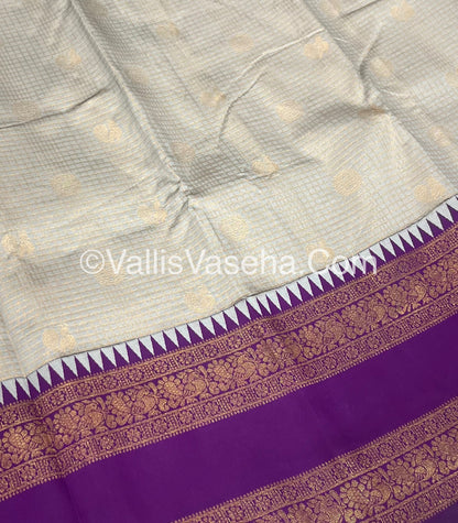 Kanchi Semi Silk With Tassels - Mayil & Chakkaram Design - Creamish Grey with Purple - VVKSS004