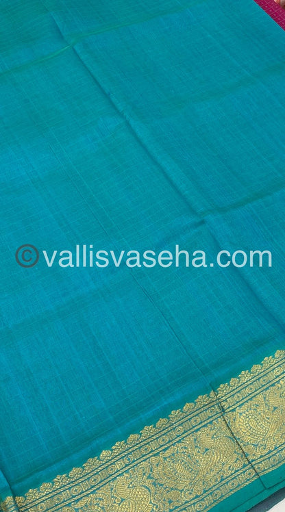 Pure Silk Cotton Saree - Pink with Turquoise Blue - Lakshadeepam Design - VVPLD001