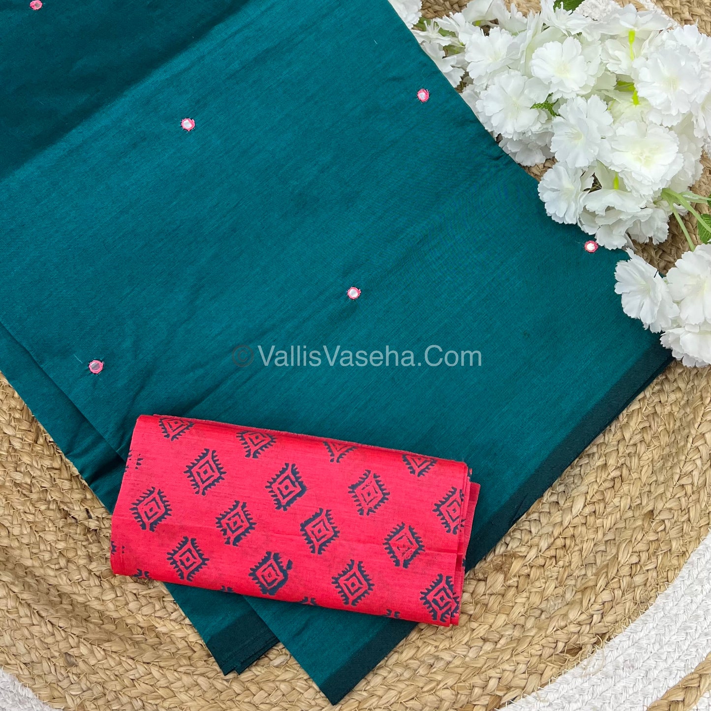 South Mixed Cotton - Mirror Work Embroidery - Bluish Green with Pink - VVPCM002