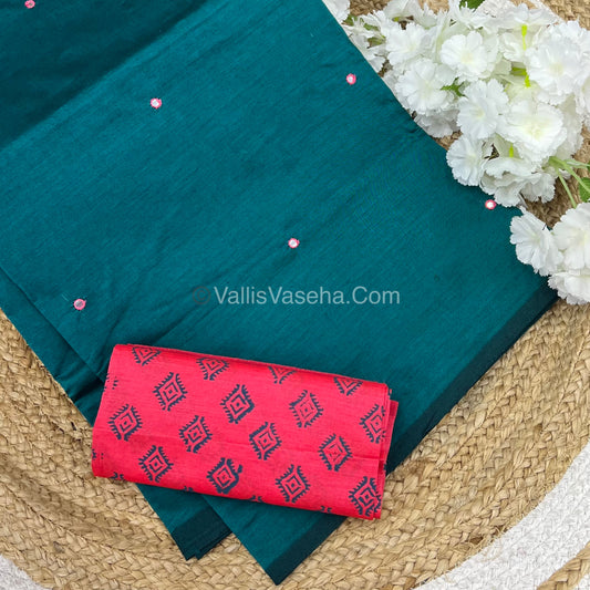 South Mixed Cotton - Mirror Work Embroidery - Bluish Green with Pink - VVPCM002