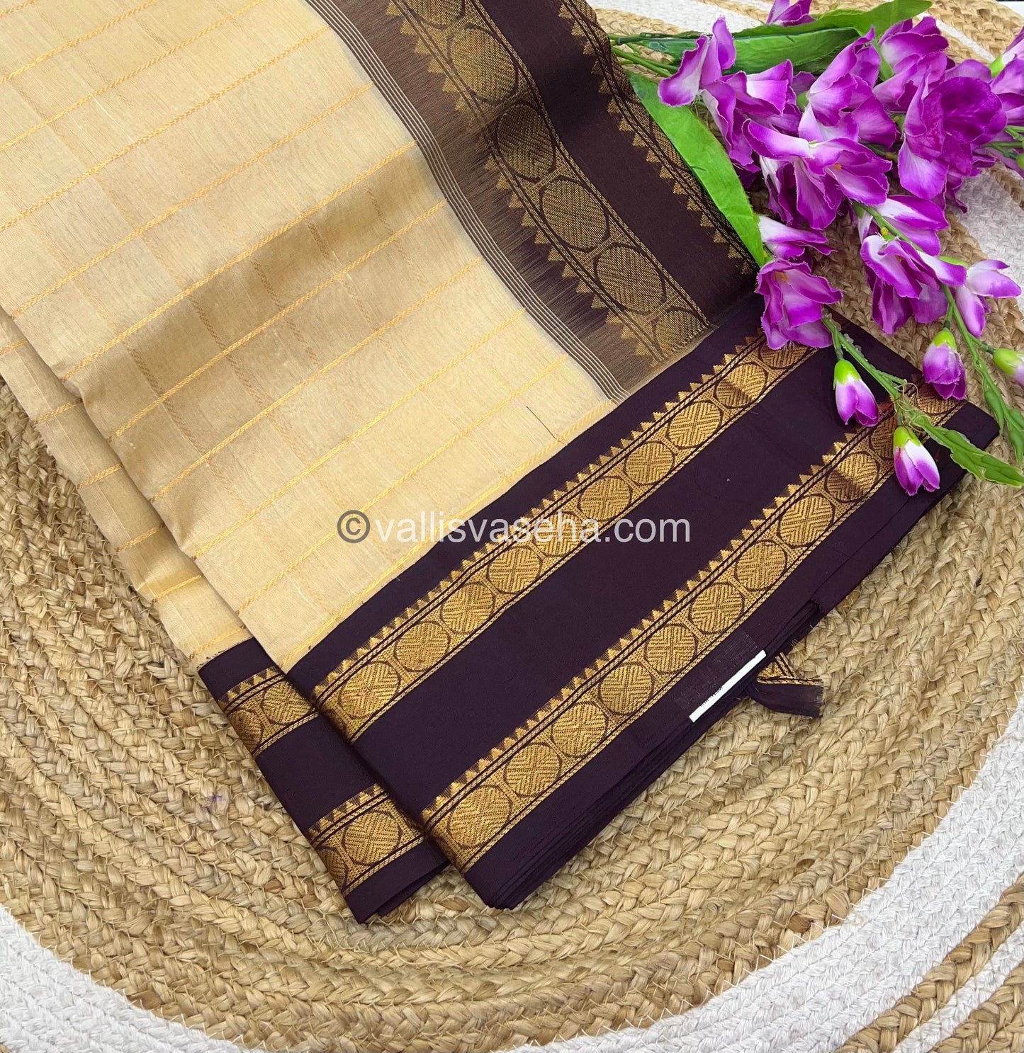 Pure Korvai Silk Cotton With Retta Petta Border - Checks pattern - Cream & Brown - VVKSC013