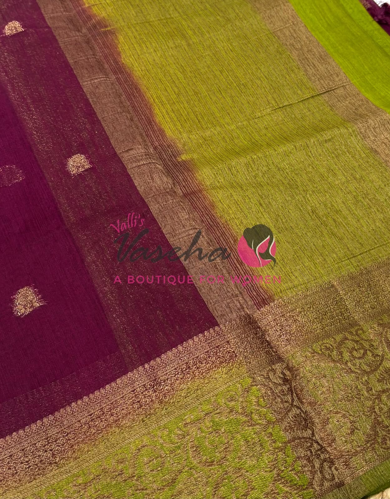 Bamboo Silk Saree- Wine with Green Shade - VVBSS015