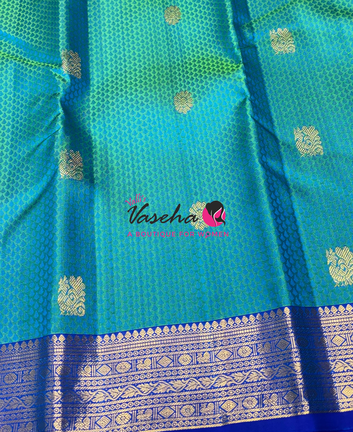 Pure Kanchipuram Silk Saree - Jacquard Design - Dual Tone Green & Blue Combo - VVPS023