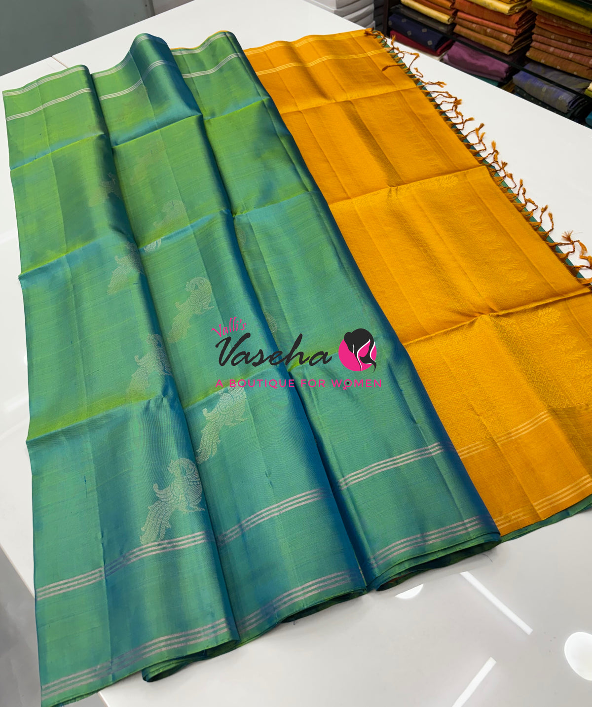 Pure Soft Silk Saree  - Dual Tone Green & Yellow Combo - VVPSS140