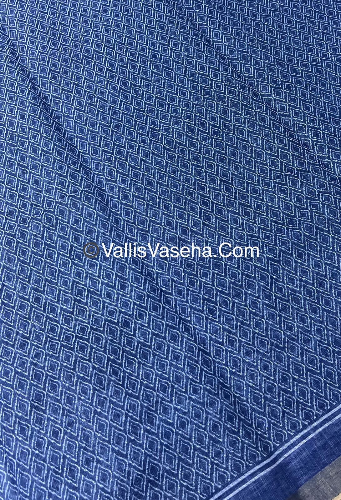Linen Mixed Cotton Saree - Indigo Blue - Printed - VVLMP001