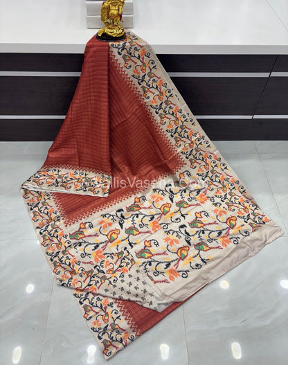 Semi Tussar Silk - Rust Orange With Cream Shade  - VVSTS039