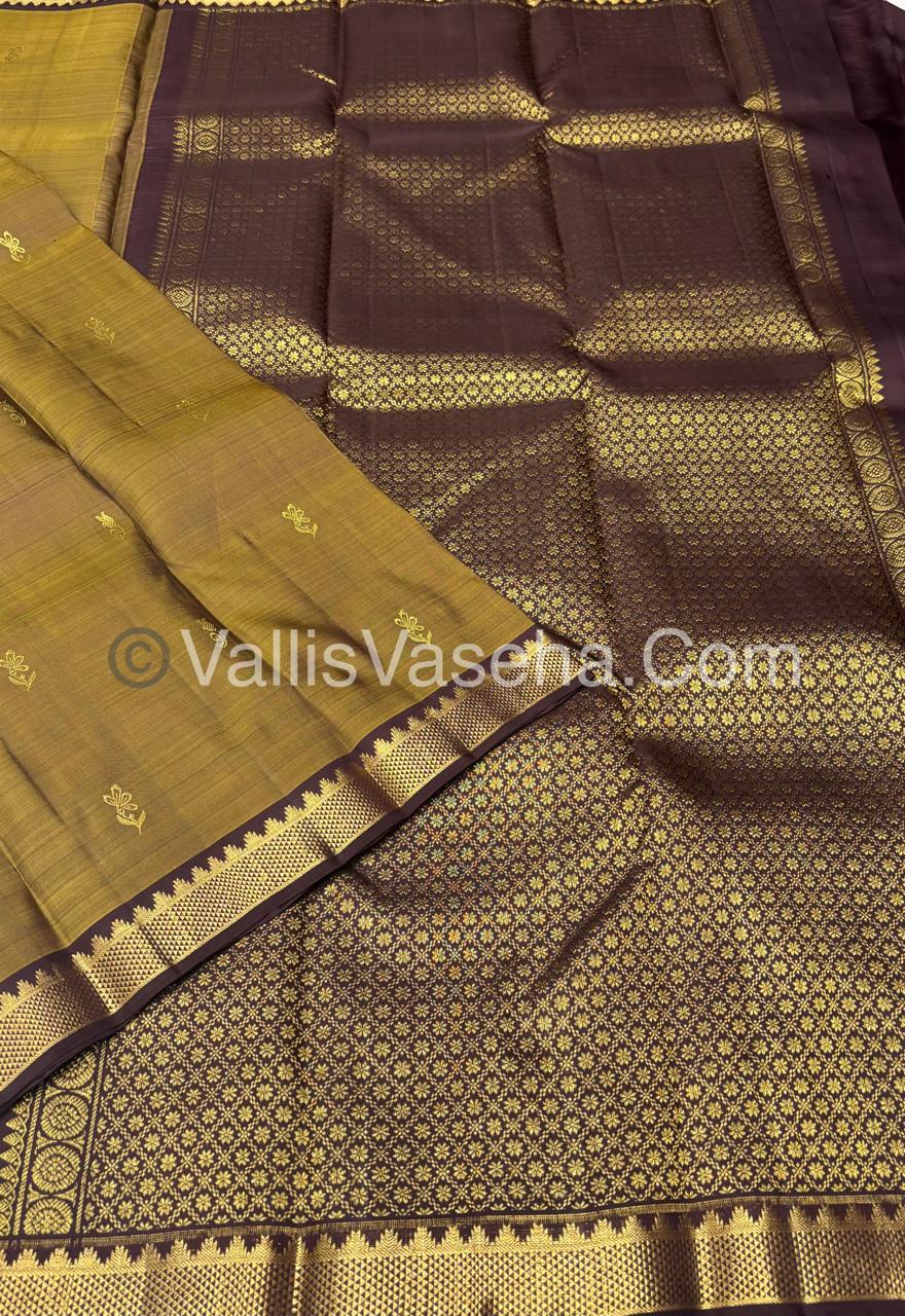 Pure Kanchipuram Silk Saree - Mustard Yellow & Brown Shade  - VVPS031