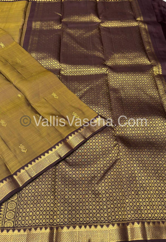 Pure Kanchipuram Silk Saree - Mustard Yellow & Brown Shade  - VVPS031