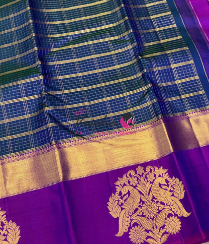 Pure Vintage Korvai Kanchipuram Silk Saree - Peacock Blue & Purplish Pink Combo - VVPS006