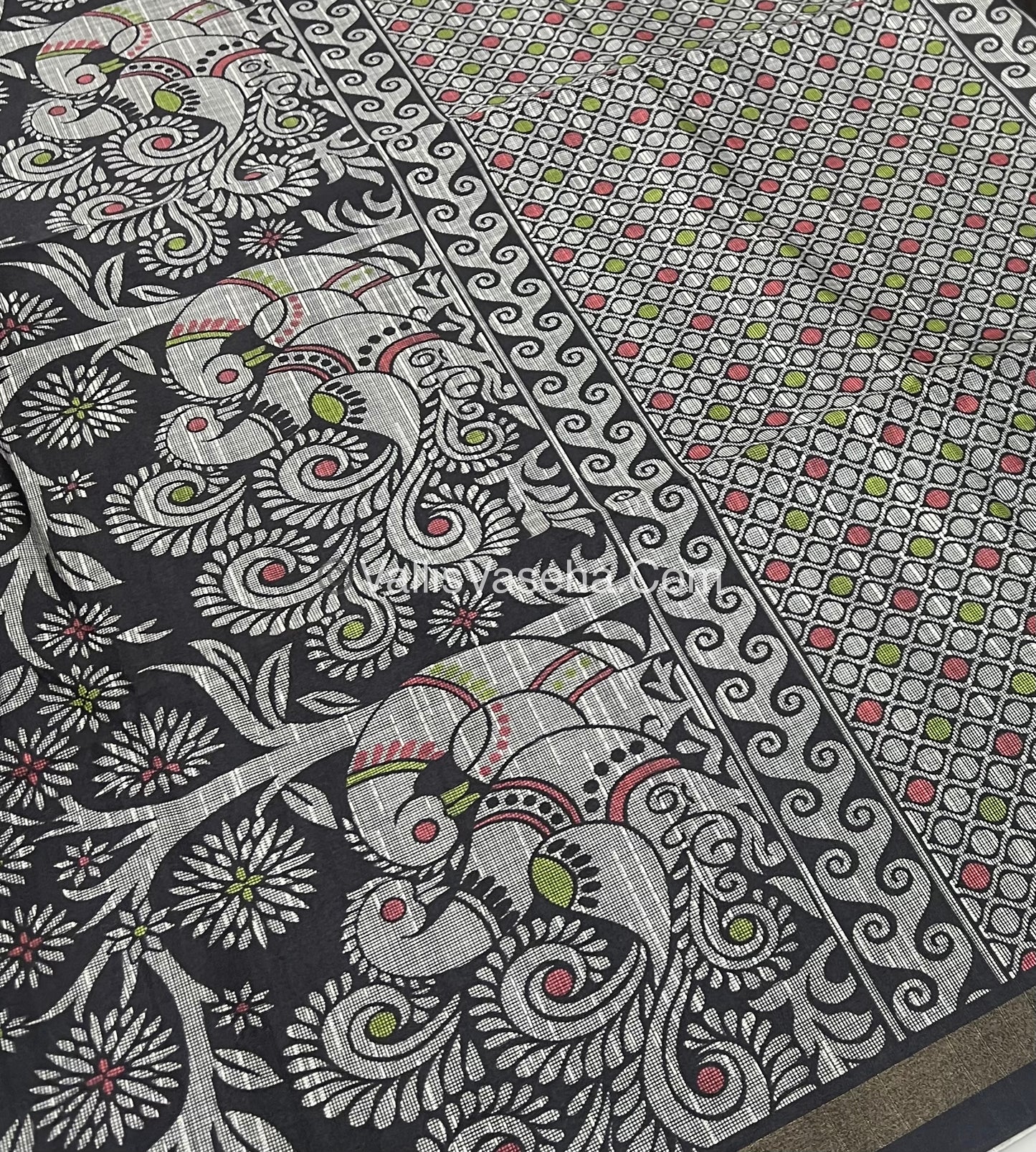 Semi Tussar / Semi Chappa Silk |Peacock Design | - Cream & Black Combo - VVSTS018