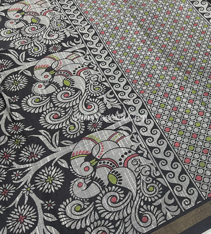 Semi Tussar / Semi Chappa Silk |Peacock Design | - Cream & Black Combo - VVSTS018