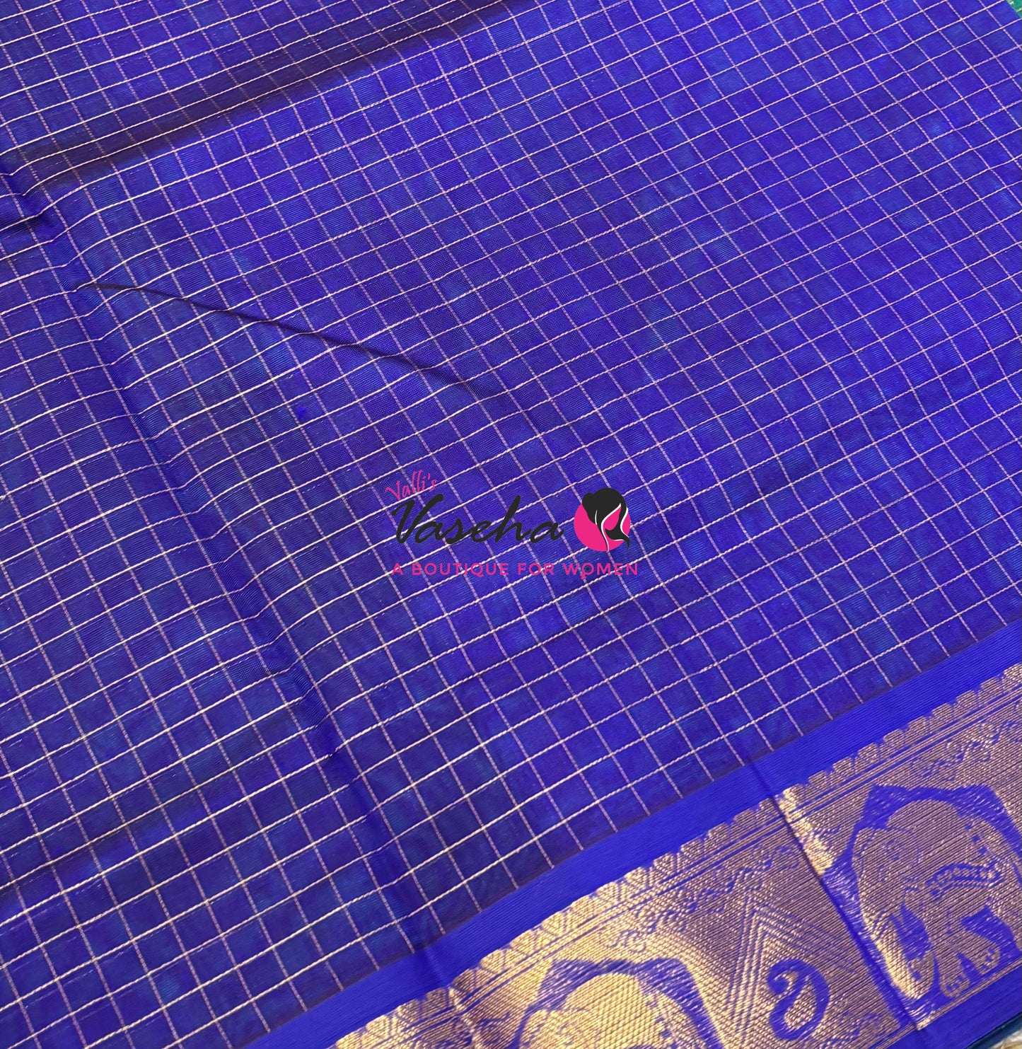 Pure Silk Cotton Saree - Dual Tone Green With Violetish Blue - Lakshadeepam Design - VVPLD004