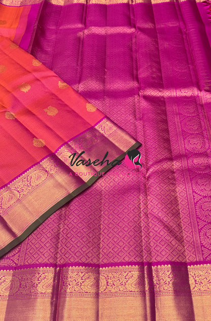 Pure Kanchipuram Silk Saree - Vairavoosi Design  - Peachish Pink & Pink Combo - VVPS059