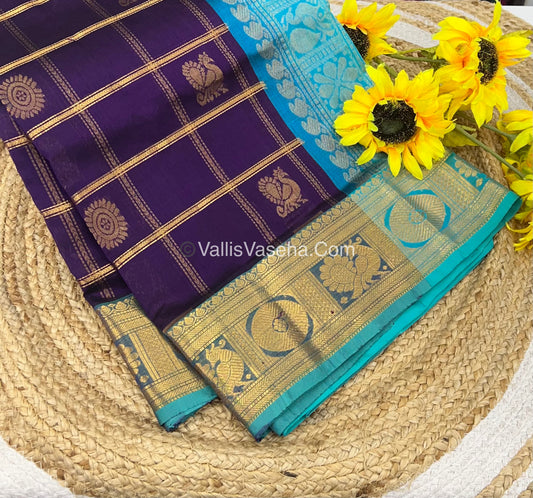 Pure Silk Cotton Saree - Mayil & Chakkaram Design - Purple With Blue Combo -VVMC003