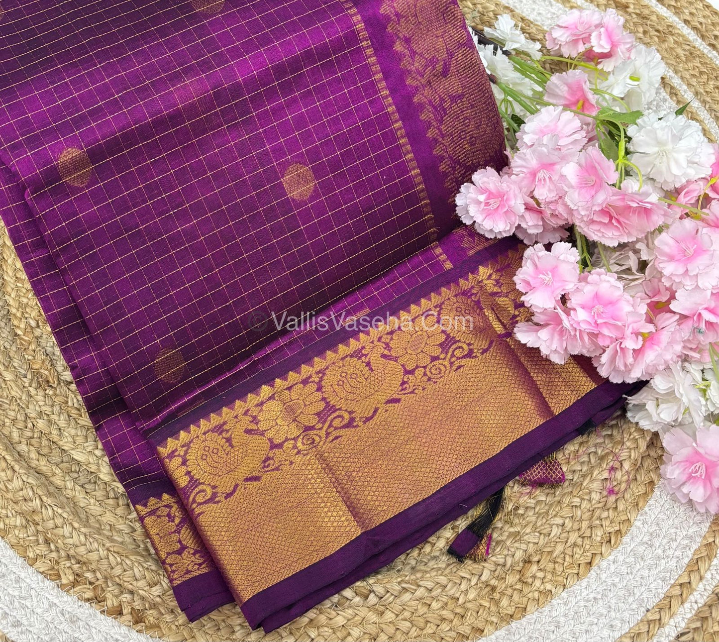 Pure Korvai Silk Cotton - Checks Pattern - Purple  Shade  - VVKSC031