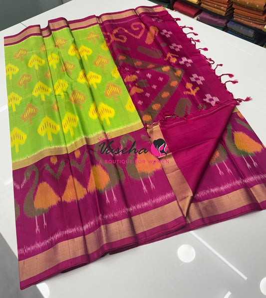 Pure Soft Silk Saree  - Pochampally Weaving - Green & Pink Combo - VVPSS110