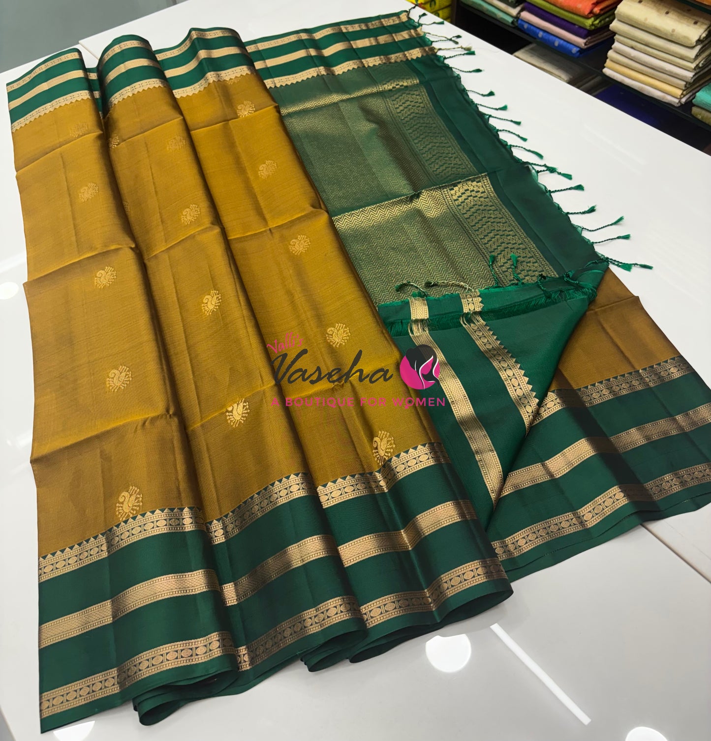 Half Mixed  Soft Silk Saree - Mustard Yellow & Green - VVPSS077