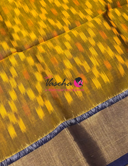 Pochampally Silk Cotton Saree - Mustard Yellow & Blue Shade - VVPPS001