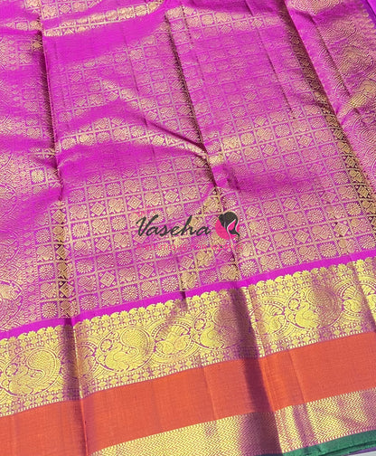 Pure Kanchipuram Silk Saree - Dual Tone Green With Purple Shade  - VVPS037