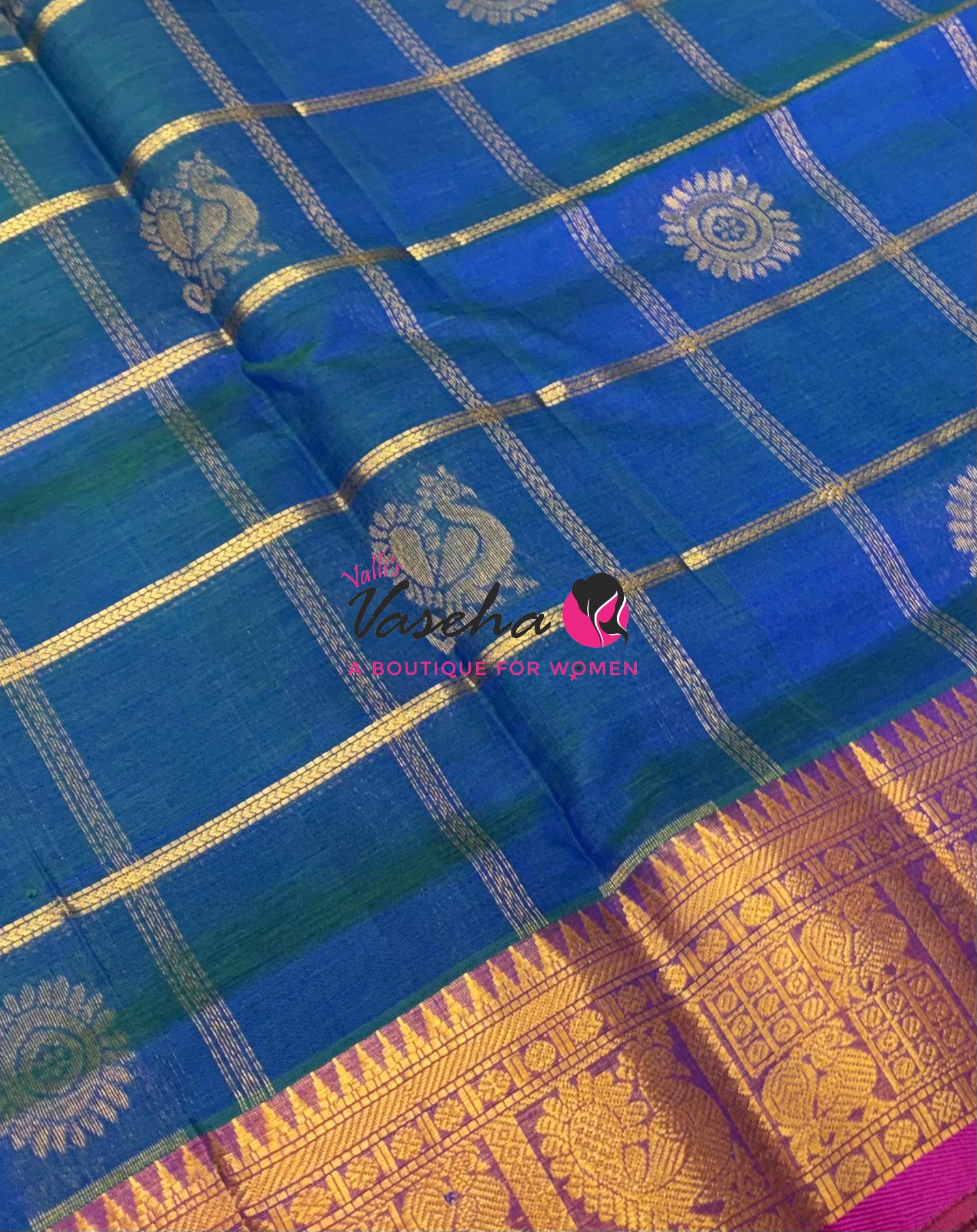 Pure Silk Cotton Saree - Mayil & Chakkaram Design - Peacock Blue With Pink  Shade -VVMC003
