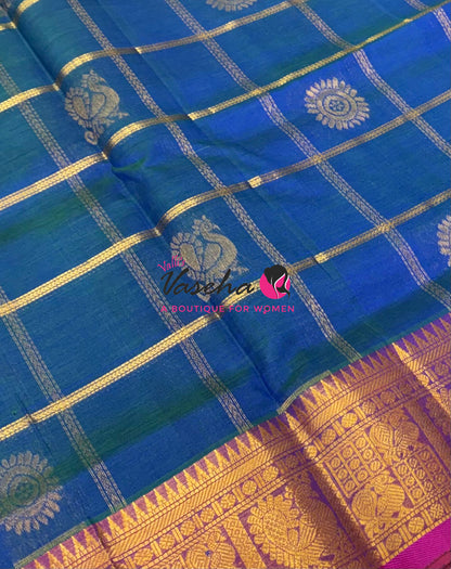 Pure Silk Cotton Saree - Mayil & Chakkaram Design - Peacock Blue With Pink  Shade -VVMC003