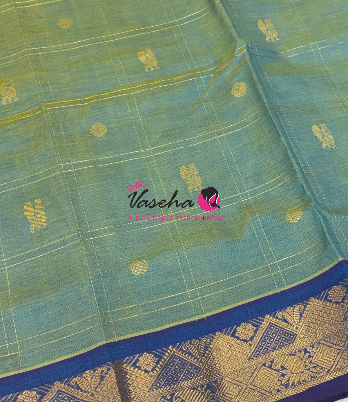 Pure Korvai Silk Cotton - Checks Pattern - Greenish Blue with Blue Shade  - VVKSC035