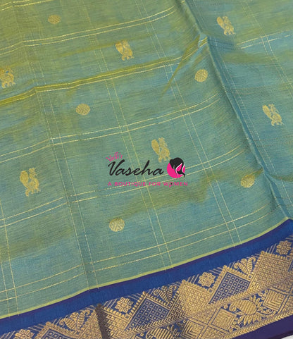 Pure Korvai Silk Cotton - Checks Pattern - Greenish Blue with Blue Shade  - VVKSC035