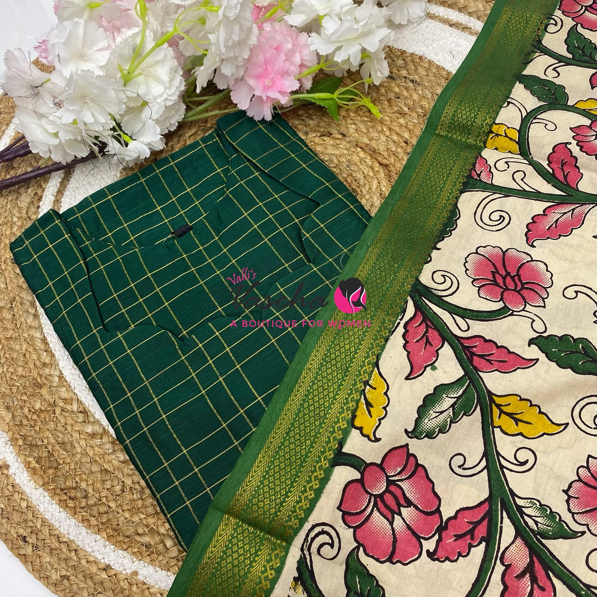 Ready Made - Semi Raw Silk Kurti with Chennur Silk Kalamkari Duppatta - Green Shade - 2pc Set - VVSRK002