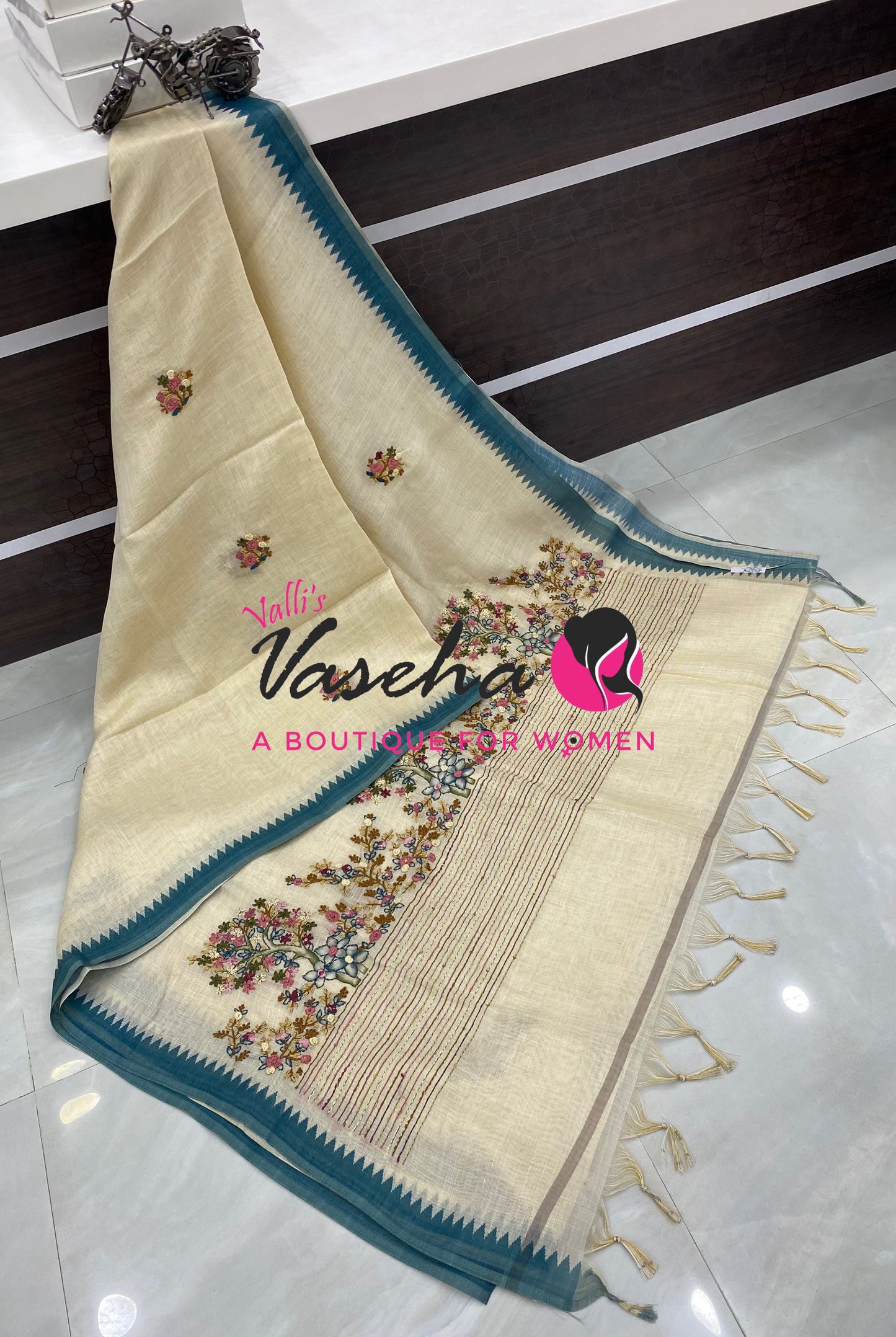French Knot - Tissue Saree - Cream With Blue Shade - VVLFN022