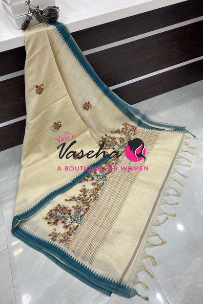 French Knot - Tissue Saree - Cream With Blue Shade - VVLFN022