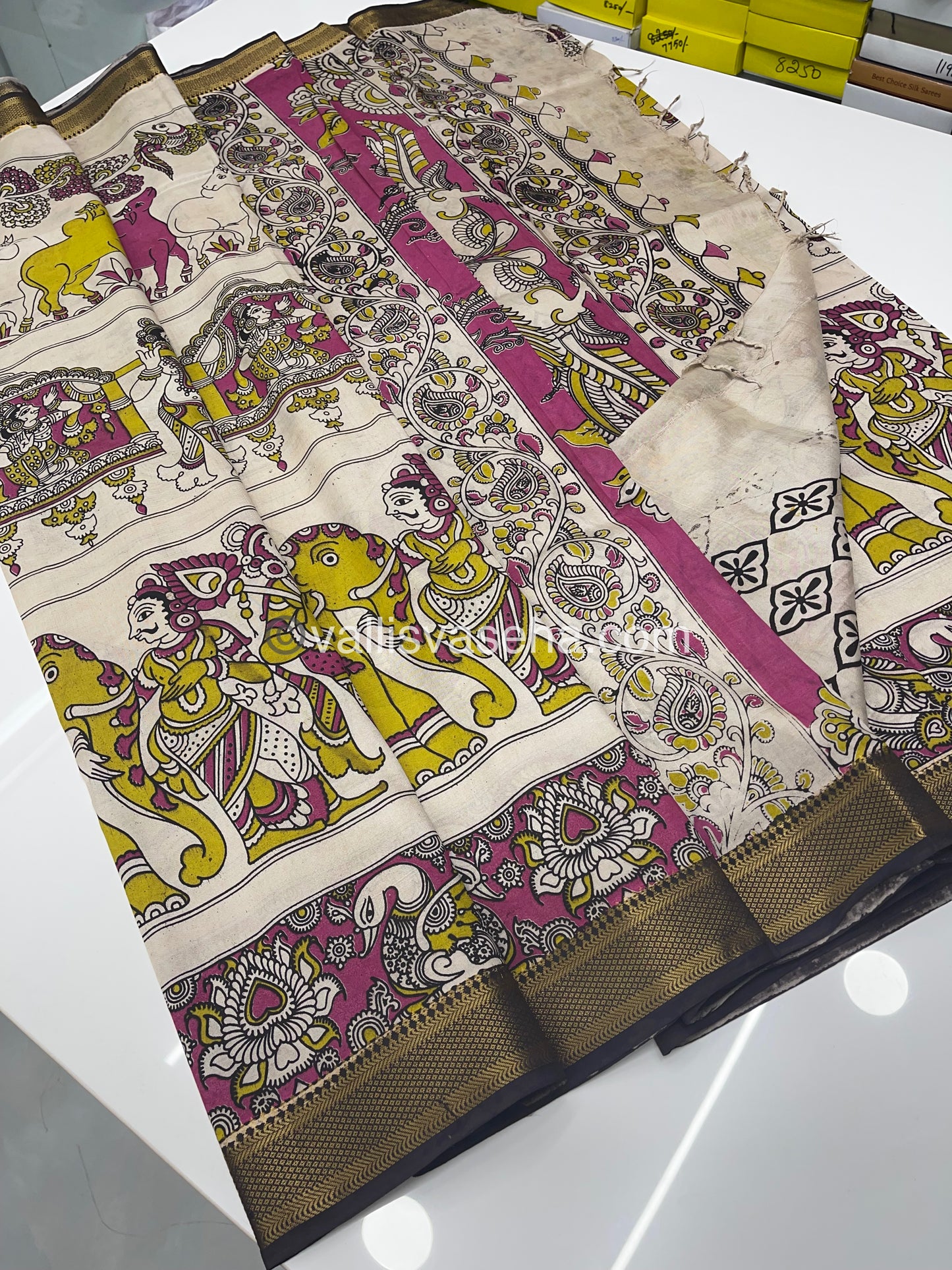 Chennur Silk | Kalamkari Prints | Cream With Coffee Brown -VVCS005