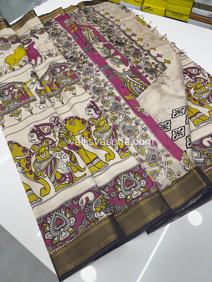Chennur Silk | Kalamkari Prints | Cream With Coffee Brown -VVCS005