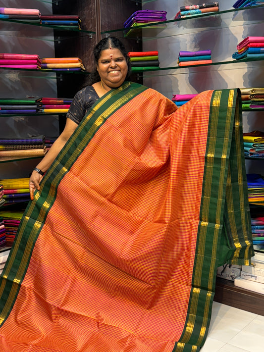 Pre Booking [5-7 weeks] |Pure Korvai Silk Cotton - Podi Kattam - Yellow & Pink with Green Retta Petta Border - VVKSC003
