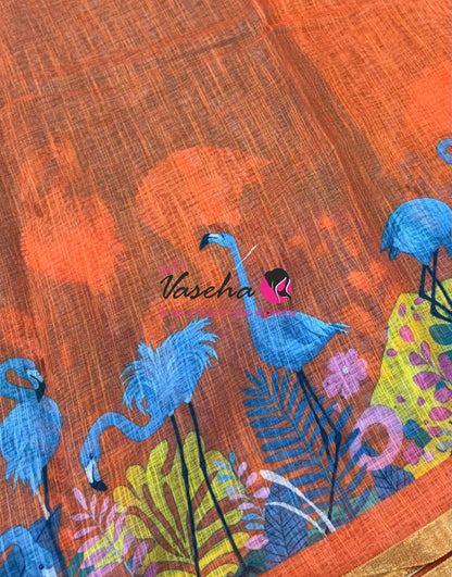 Linen Mixed Cotton Saree - Printed - Green  With Orange Shade - VVLMP002