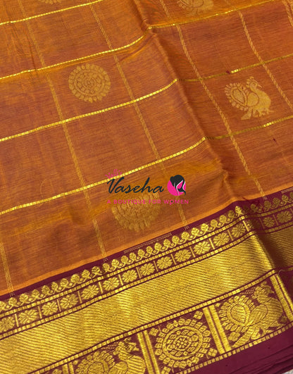 Pure Silk Cotton Saree - Mayil & Chakkaram Design - Rust Orange With Maroon Shade - VVMC001