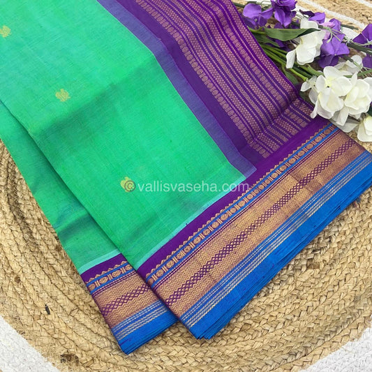 Pure Korvai Silk Cotton Saree - Sea Green with Purpe Combo - VVKSC004