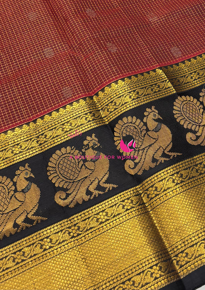 Pure Korvai Silk Cotton - Checks Pattern - Maroonish Red With Black Shade  - VVKSC034