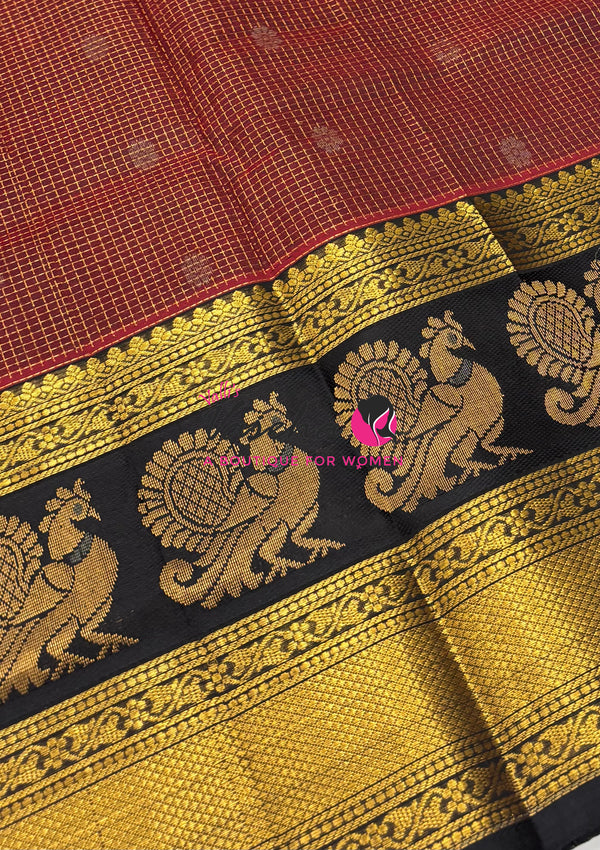 Pure Korvai Silk Cotton - Checks Pattern - Maroonish Red With Black Shade  - VVKSC034