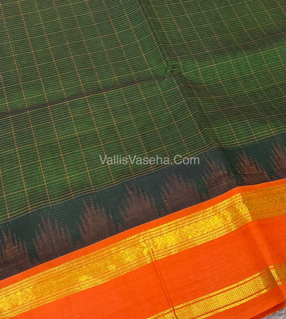 Pure Korvai Silk Cotton - Green with Orange - Checks Pattern - VVKSC022
