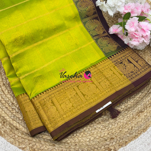 Pure Silk Cotton Saree - Mayil & Chakkaram Design - Sneha Green With Brown  Shade -VVMC003