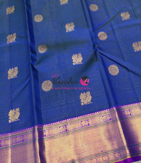 Pure Kanchipuram Silk Saree - Vairavoosi Design  - Peacock Blue With Purple Combo - VVPS060