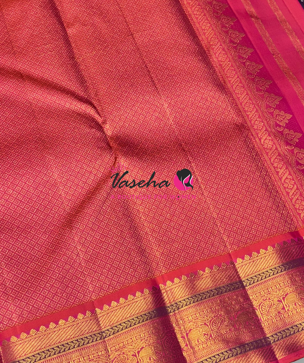 Pure Vintage Korvai Kanchipuram Silk Saree - Dual Tone Green With Peach - VVPS099