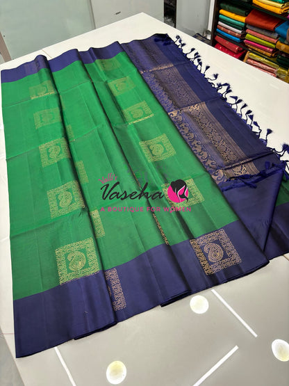 Pure Soft Silk Saree -  Green & Blue  - VVPSS091