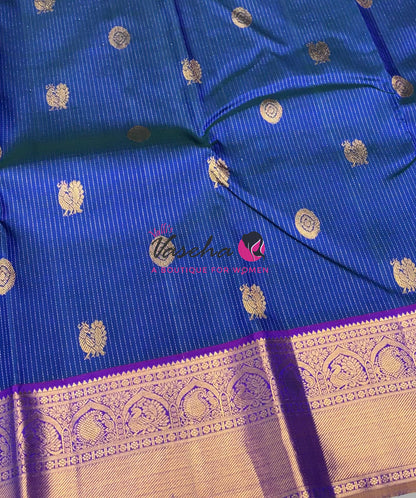 Pure Kanchipuram Silk Saree - Vairavoosi Design  - Peacock Blue & Purplish Pink Combo - VVPS059