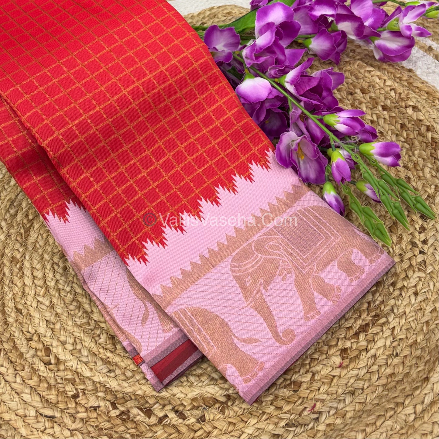 Semi Silk Saree - Kanchi Silk Style - Elephant Border - Red with Pink - VVSSS005
