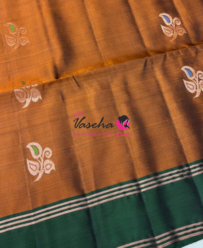 Half Mix - Pure Soft Silk Saree - Meenakari Style Butta - Rust Orange With Green - VVPSS148