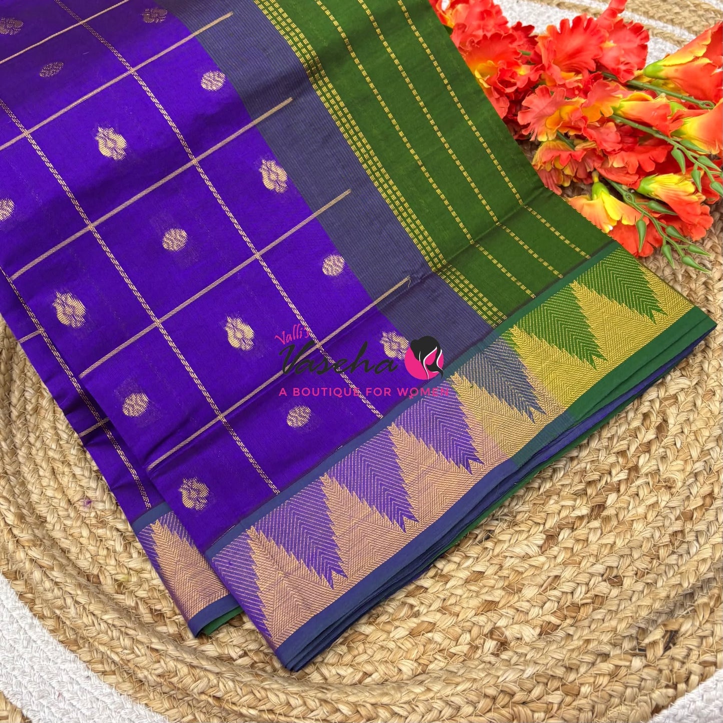 Semi Silk Cotton Saree - Checked Pattern with Butta  - VVSSC012