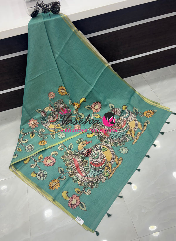 Linen Appliqué Work Saree - Blue Shade - VVLAS001