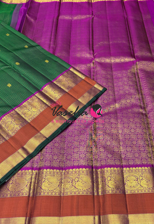 Pure Kanchipuram Silk Saree - Green & Purplish Pink Combo - VVPS037